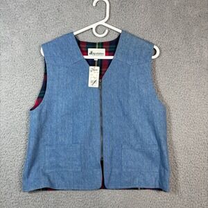 Sportables Denim Vest Women M Blue Plaid Lined Full Zip Vintage USA 586290